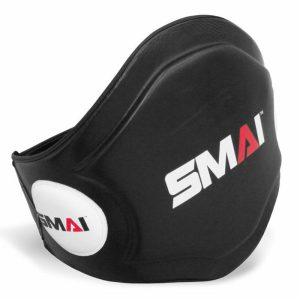 SMAI Belly Pad with leather exterior and adjustable buckle for sparring protection.