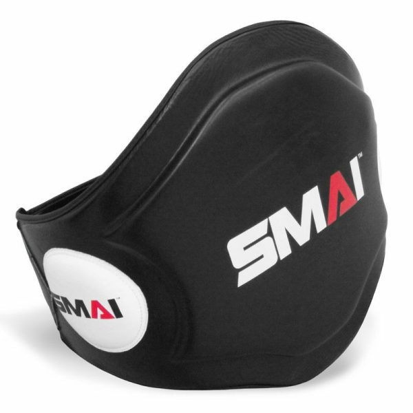 SMAI Belly Pad with leather exterior and adjustable buckle for sparring protection.