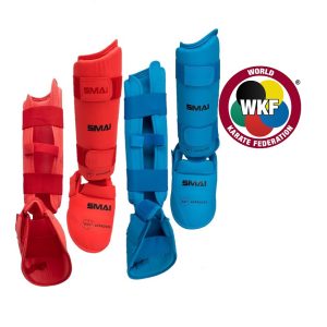 Durable and adjustable shin and instep guards designed for karate sparring with WKF approval.