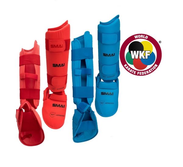 Durable and adjustable shin and instep guards designed for karate sparring with WKF approval.